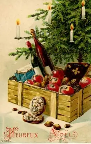 Präge Glitzer Ak Glückwunsch Weihnachten, Tannenbaum, Truhe, Früchte, Sekt