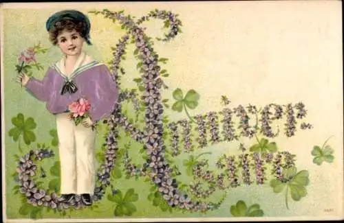 Präge Material Ak Junge mit Rosen, Glücksklee