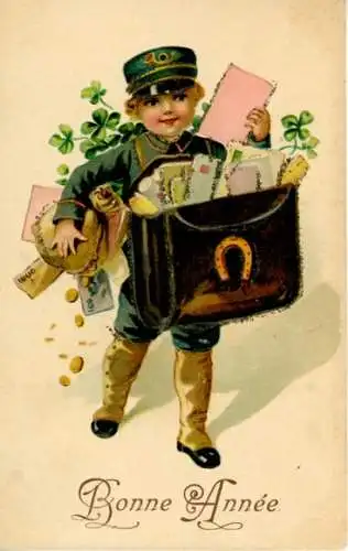 Präge Glitzer Ak Glückwunsch Neujahr, Kind, Glücksklee, Hufeisen, Geld