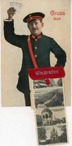 Leporello Ak Wiesbaden in Hessen, Gesamtansicht, Kirche, Briefträger