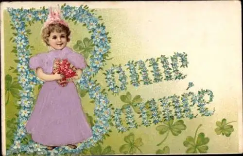 Präge Material Ak Glückwunsch Neujahr, Mädchen, Blumen, Vergissmeinnicht