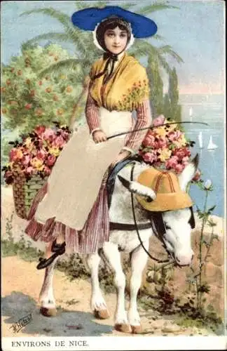 Künstler Ak Watzal, H., Nice Nizza Alpes Maritimes, Frau reitet auf Esel, Blumenkorb