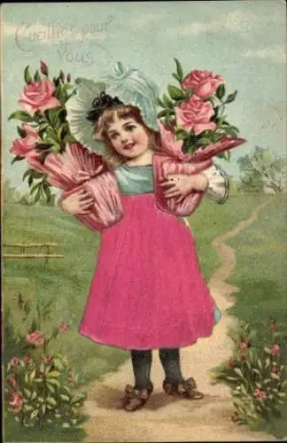 Präge Material Ak Mädchen mit Blumen, Rosen
