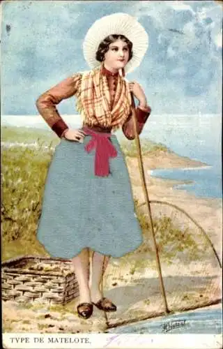 Präge Künstler Ak Watzal, H., Matelote, Frau in Tracht, Fischfang, Korb
