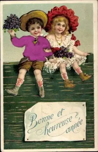 Präge Material Ak Glückwunsch Neujahr, Kinder, Blumenstrauß