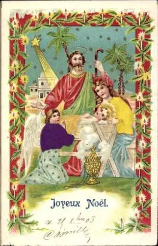 Präge Material Ak Glückwunsch Weihnachten, Engel, Heilige Familie