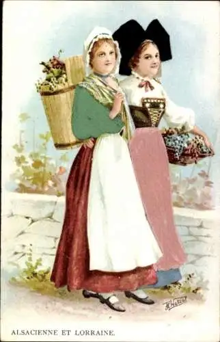 Künstler Ak Watzal, H., Alsacienne et Lorraine, Frauen in Tracht, Blumen