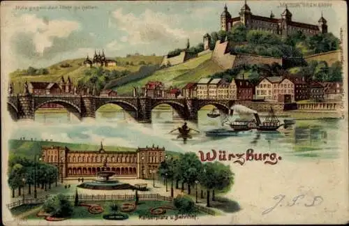 Halt gegen das Licht Litho Würzburg am Main Unterfranken, Gesamtansicht, Kaiserplatz, Bahnhof