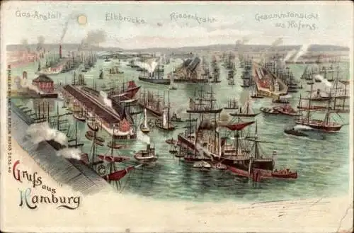 Halt gegen das Licht Litho Hamburg, Hafen, Elbbrücke, Gas-Anstalt, Riesenkran