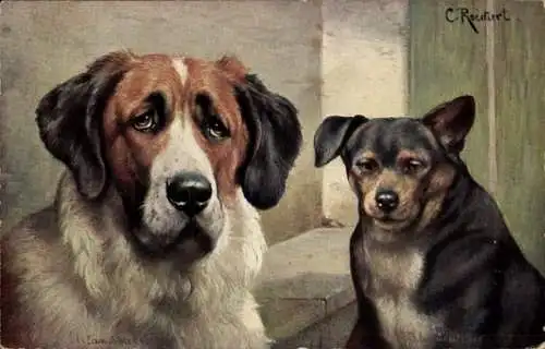 Künstler Ak Zwei Hunde, Gemaltes Tierporträt