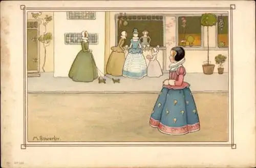 Künstler Ak Sowerby, M., Elegante Frau auf einer Straße, Schaufenster