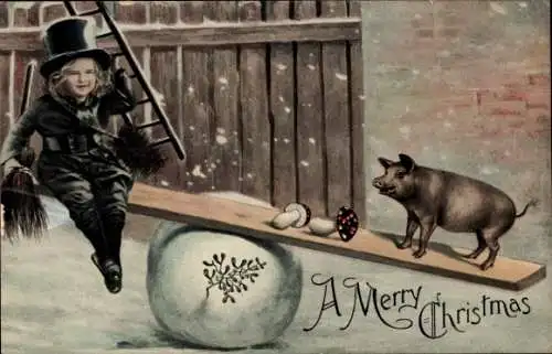 Ak Glückwunsch Weihnachten, Schornsteinfeger und Schwein beim Wippen, Mistelzweige, Pilze