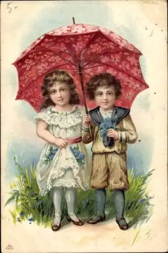 Ak Zwei Kinder mit Regenschirm, Porträt