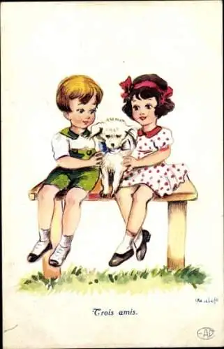 Ak Zwei Kinder mit Hund auf einer Bank sitzend