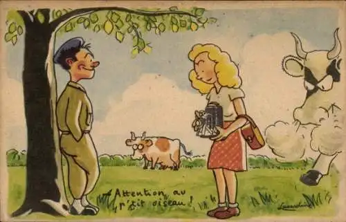 Künstler Ak Attention au 'tit oiseau, Humor