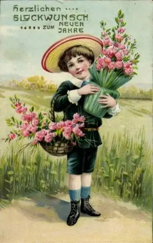 Ak Fröhliches Neujahr, Junge mit Blumenkorb