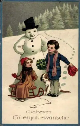 Ak Glückwunsch Neujahr, Kleeblätter, Schneemann, Kinder
