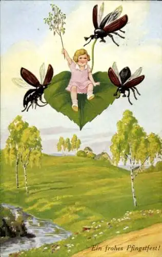 Ak Glückwunsch Pfingsten, Maikäfer, Mädchen fliegt auf einem Birkenblatt