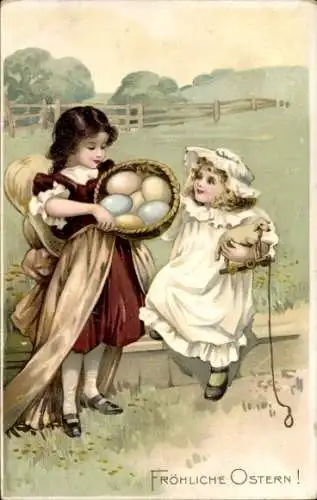 Litho Glückwunsch Ostern, zwei Mädchen, Ostereier