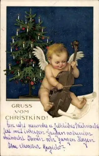 Ak Frohe Weihnachten, Tannenbaum, Gruß vom Christkind, Engel