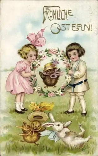 Litho Glückwunsch Ostern, Osterhase, Küken, Kinder