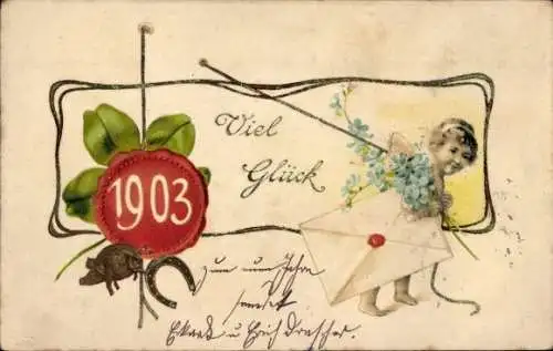 Präge Ak Fröhliches Neujahr, Engel, Jahreszahl 1903, Klee, Hufeisen, Brief