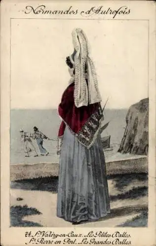 Ak St Valery en Caux, Normandie, Frau in Tracht an der Küste