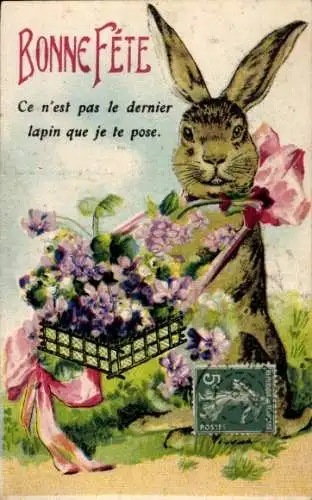 Ak Frohe Ostern, Osterhase mit Blumenkorb