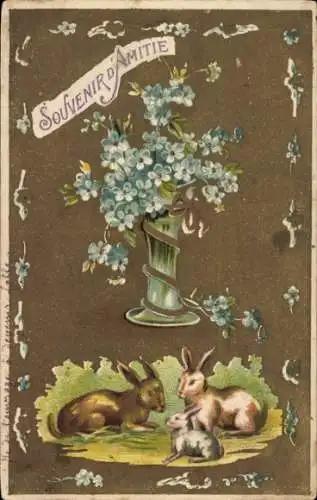Ak Frohe Ostern, drei Osterhasen, Blumenvase