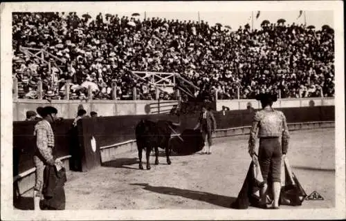 Ak Stierkampf, Course de Taureaux, Matador plaçant le taureau pour lui porter le coup d'épée