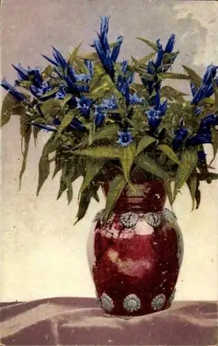 Ak Photochromie, Nenke und Ostermaier Serie 503 Nr. 724, Enzian in roter Vase