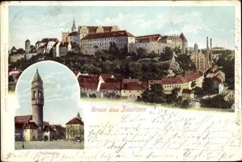 Ak Bautzen in der Lausitz, Totalansicht der Stadt, Reichentor, Rathausturm