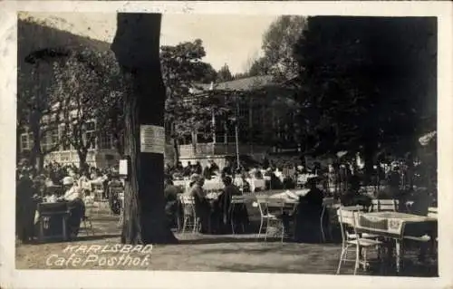 Foto Ak Karlsbad, Cafe Posthof, Terrasse, Baum, Tische