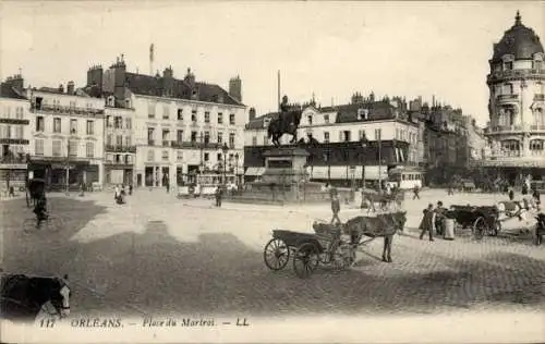 Ak Orléans Loiret, Platz du Martroi, Statue, Pferdewagen,  Architektur