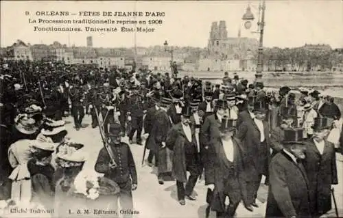 Ak Orléans Loiret, Fête Jeanne d'Arc, traditionelle Prozession 1908, Funktionäre, Uni