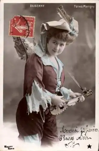 Ak Varieté Tänzerin Folies Marigny, Duberny, Portrait mit Ukulele