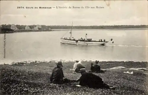 Ak Golfe du Morbihan, Boot, Wasser, Aussicht auf das Ufer, Wiese, Urlauber