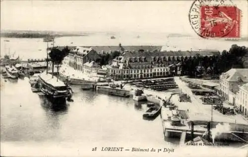 Ak Lorient Morbihan, Hafenansicht, Gebäude, Schiffe, Poststempel, 28  Bâtiment du Dépôt