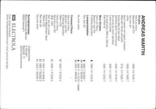 Autogrammkarte Sänger Andreas Martin, Portrait, Autogramm