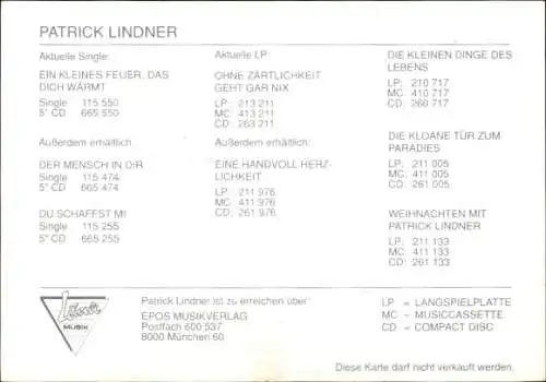 Autogrammkarte Sänger Patrick Lindner, Portrait, Autogramm