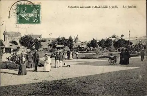 Ak Auxerre Yonne, Exposition Nationale d'AUXERRE 1908, Les Jardins, Menschen, Grünflächen