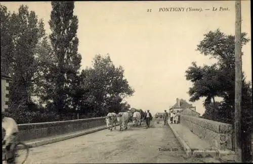 Ak Pontigny Yonne, Brücke, Landschaft, Bäume, Tiere, Personen,  