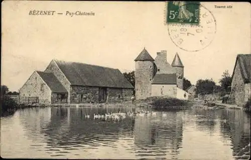 Ak Bézenet Allier, Wasserturm, Steinhäuser, Enten im Wasser, ländliche Landschaft