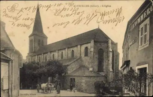 Ak Arfeuilles Allier, Kirche, Bäume, Gebäude, Kühe, Menschen, Ortsansicht