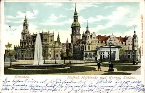 Ak Dresden Altstadt,  Katholische Hofkirche, Königliches Schloss, Brunnen