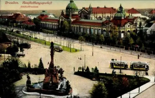 Ak Dresden, Blick zum Ausstellungspalast und Stübelbrunnen, Straßenbahnen