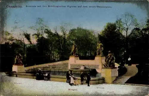 Ak Chemnitz in Sachsen, Brunnen mit Schilling'schen Figuren, neuer Theaterplatz, Tageszeiten erwä