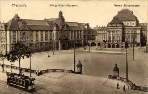 Ak Chemnitz in Sachsen, König-Albert-Museum, Neues Stadttheater, Platzansicht, Personen, Straßenb
