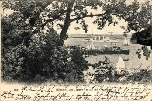 Ak Düsternbrook Kiel, Durchblick von Düsternbrook, Schwäne, Segelboote, Hafenanlagen