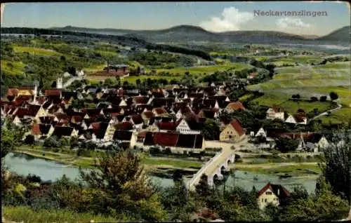 Ak Neckartenzlingen Baden Württemberg, Vogelschau, Brücke, Häuser, Flusslandschaft, grüne Hügel
